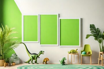Frame mockup in green kids room interior with dinosaur toy, three vertical frames mockup, 