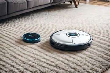 a robot vacuum cleaner working on a carpet in a new living room.  white view
