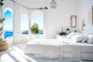 a Santorini style white bedroom interior. beautiful view