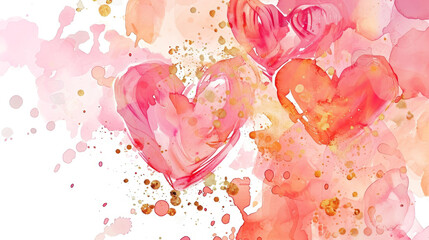 Watercolor pink hearts, romantic splash pattern, love themed background, Valentine's Day card design.