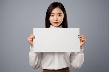 Beautiful asian woman holding a blank placard in her hands and grey background. Copy space for text.  Generaive AI