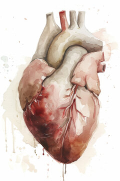 Watercolor human heart illustration, anatomical art, realistic organ painting, medical educational image.
