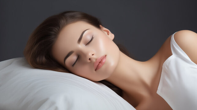 Beautiful young woman sleeps on a white pillow, isolated on grey background. Generative AI