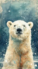 Watercolor cute happy polar bear in a winter's tale. Vintage style. Great as birth card for baby.