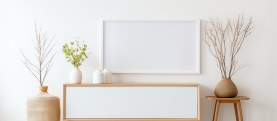 Minimalist decoration in a bright living room with white photo frames on wooden sideboard, plant, vases, and mirror.