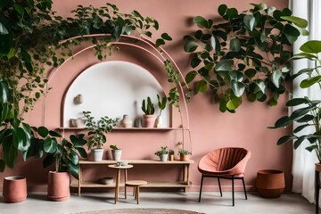 Fototapeta na wymiar Modern composition of wabi sabi interior with arch shelf with home decoration and pink chair. Stylish conceptual interior of living room. Green ficus elastica plants in terracotta pots