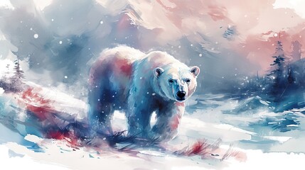 Watercolor cute happy polar bear in a winter's tale. Vintage style. Great as birth card for baby.