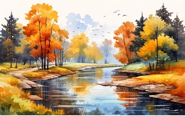 Naklejka na ściany i meble autumn landscape. with meandering river, water, reflection, forest, autumn trees, colorful leaves, in watercolor style. generative ai