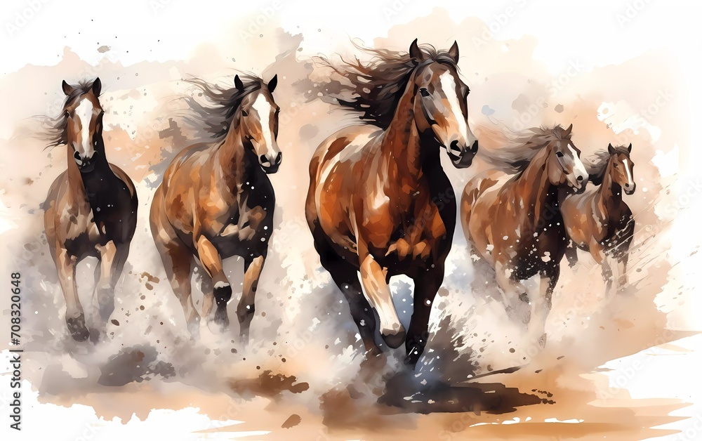 Wall mural artistic image of a herd of horses. collection of canvas art animal paintings, in watercolor style. 