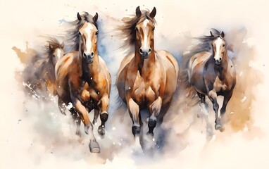 Artistic image of a herd of horses. collection of canvas art animal paintings, in watercolor style. generative ai