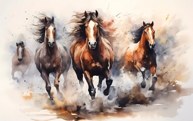 Artistic image of a herd of horses. collection of canvas art animal paintings, in watercolor style. generative ai - obrazy, fototapety, plakaty