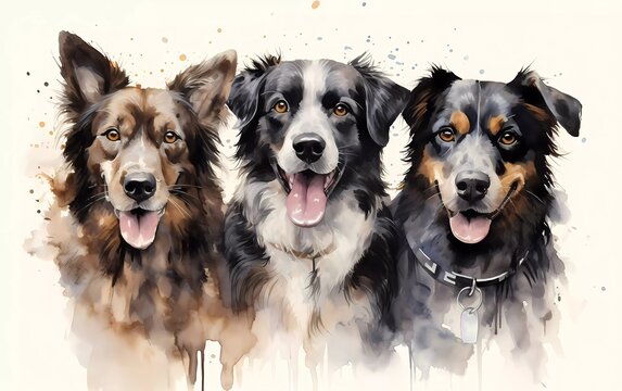 Artistic image of a pack of dogs. collection of canvas art animal paintings, in watercolor style. generative ai