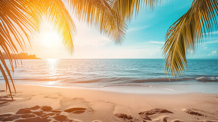 Fototapeta na wymiar Tropical sand sunset on the beach with palm trees landscape