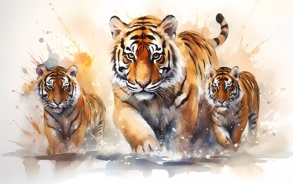 Artistic image of a herd of tigers. collection of canvas art animal paintings, in watercolor style. generative ai