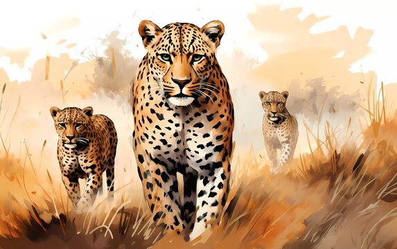 Artistic image of a herd of leopards. collection of canvas art animal paintings, in watercolor style. generative ai