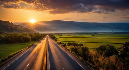 Road scenery in natural with morning sunshine, beautiful sky generative ai illustration art