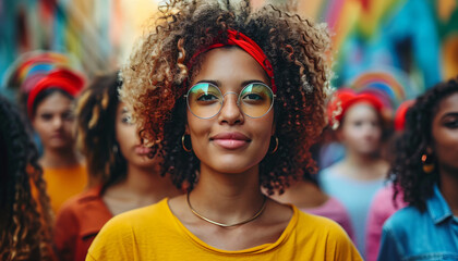 Portrait of a beautiful African American woman at a protest defending women's rights. Horizontal image. - obrazy, fototapety, plakaty