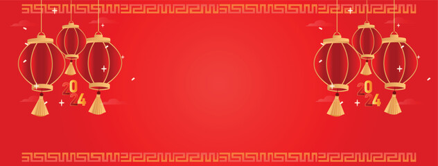 Chinese new year celebration cover banner. Chinese new year red pocket design. Red envelope design template. Happy Chinese new year Facebook banner in bright red colour and Chinese hanging lanterns