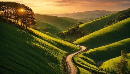 Road scenery in natural with morning sunshine, beautiful sky generative ai illustration art