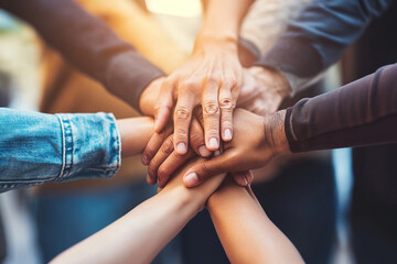 Group of business people holding hands stacked together showing unity, teamwork, and collaboration in a multicultural or diverse business team. - Powered by Adobe