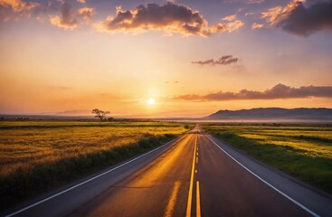 Road scenery in natural with morning sunshine, beautiful sky generative ai illustration art