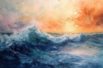 painting captures the dynamic movement of the tumultuous waves with detailed brush strokes