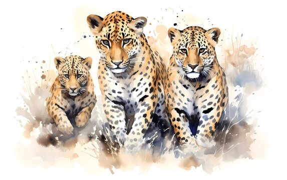 Artistic image of a herd of leopards. collection of canvas art animal paintings, in watercolor style. generative ai