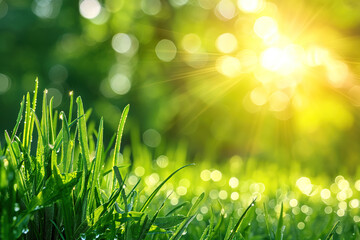 Green spring grass with nature sunlight landscape background.