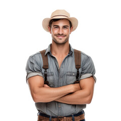 Front view of an extremely handsome Caucasian white male model dressed as a Farmer smiling with arms folded, isolated on a white transparent background