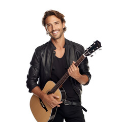 Front view of an extremely handsome Caucasian white male model dressed as a Musician smiling with arms around guitar, isolated on a white transparent background