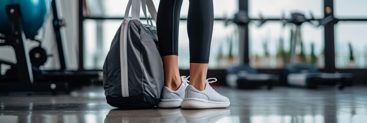Cropped shot of fit sporty woman in sportswear with gym bag wearing toned yoga pants and sneakers getting ready for exercise session at gym - obrazy, fototapety, plakaty