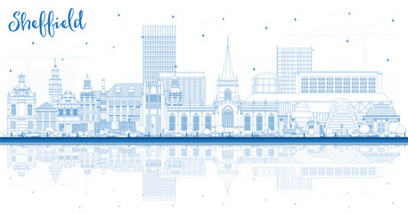 Obraz premium Outline Sheffield UK City Skyline with Blue Buildings and reflections. Sheffield South Yorkshire Cityscape with Landmarks. Travel and Tourism Concept with Historic Architecture.
