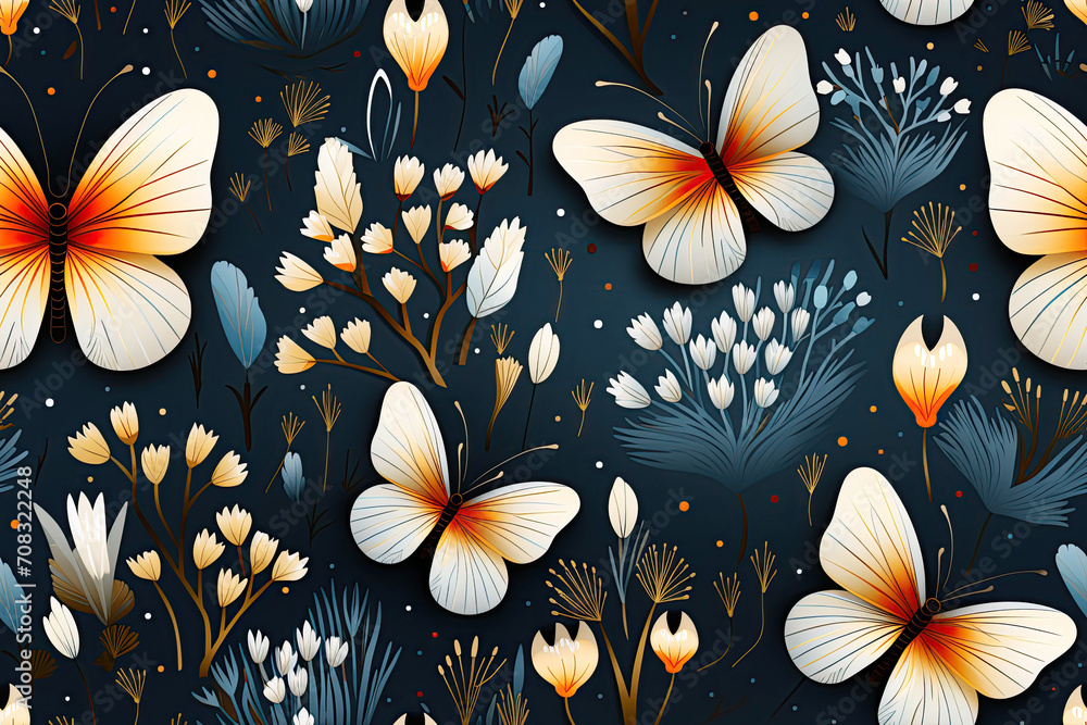 Wall mural seamless pattern with multicolored butterflies and flowers on dark background for printing on fabric