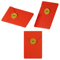 3d Chinese Red envelopes on three points of view. Isolated on transparant background. 3D illustration. High resolution