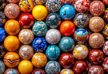 Fototapeta na wymiar Rows of colorful patterned marbles lined up on a table, generative ai