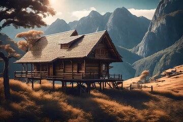 Simple wooden house on tree with mountain landscape view beautiful view