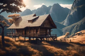 Tuinposter Simple wooden house on tree with mountain landscape view beautiful view © Aqsa