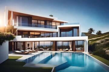 Inviting Retreat, Contemporary Residence luxury villa with large swimming pool, Luxury modern estate property on hill with stunning sea view, Summer vacation, tourism, beautiful view