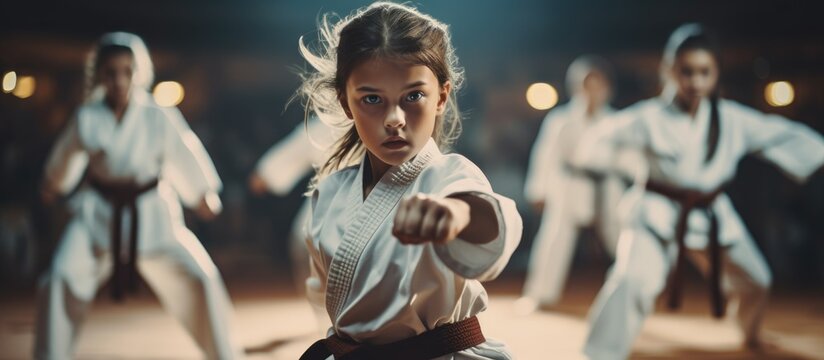 Kids practicing karate with a female fighter in a white kimono in a combat stance.