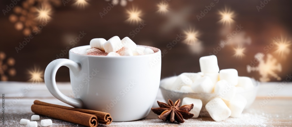Poster snowflake mugs with hot chocolate, marshmallows, and cinnamon sticks on tile counter with soft-focus