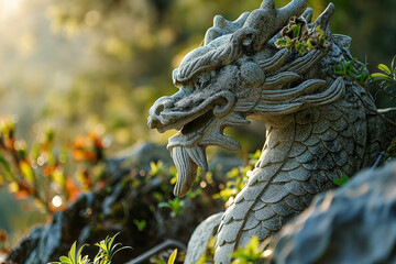 Stone Dragon Statue in a Lush Green Garden