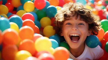 Fototapeta na wymiar Happy child submerged in vibrant ball pit, ideal for lively kids' play area presentations. AI Generative