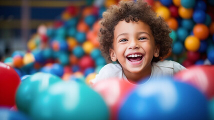 Happy child playing in colorful ball pit, joyful toddler in indoor playground, vibrant kids activity space AI Generative - obrazy, fototapety, plakaty