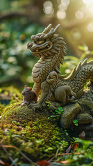 Fototapeta premium Stone Dragon Statue in a Lush Green Garden