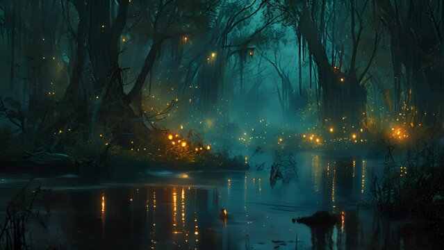 The quiet stillness of the swamp is broken by the haunting calls of willothewisps, their ethereal lights calling out to the lost and luring them into their ghostly clutches. Fantasy animatio