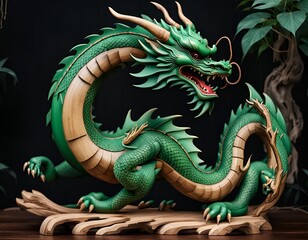 Wooden green dragon statue