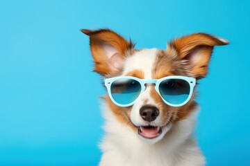 puppy wearing sunglasses on blue background half body summer vacation