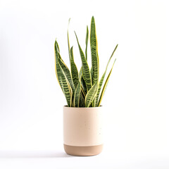 A potted snake plant with green and yellow leaves against a white background