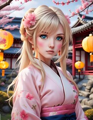 Girl with blonde hair in traditional Asian kimono dress in oriental town