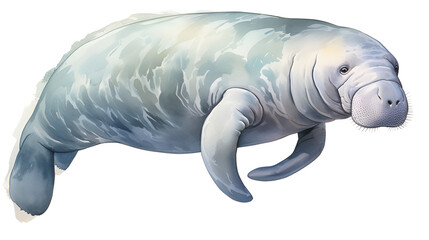 Manatee, watercolor clipart, die cut, Perfection, hyper-realistic, centered image, white background